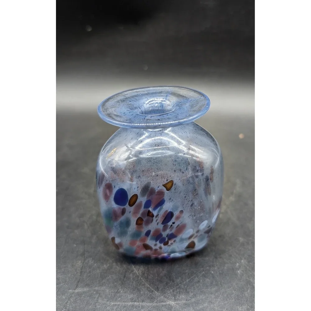 Hand Blown Blue Confetti Art Glass Bud Vase Squared Bulbous Studio Glass 3in